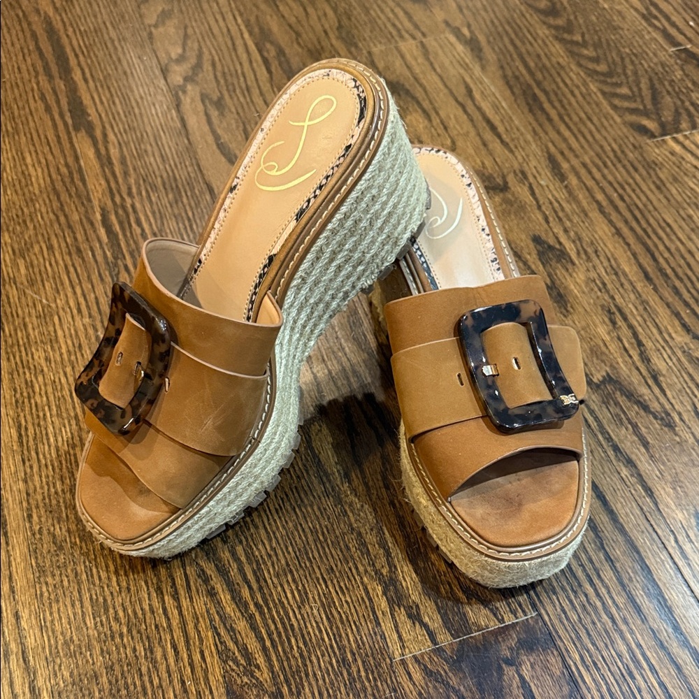 SAM EDELMAN Brown Tan Suede  Espadrille Wedge Sandals Slide Platform 9.5